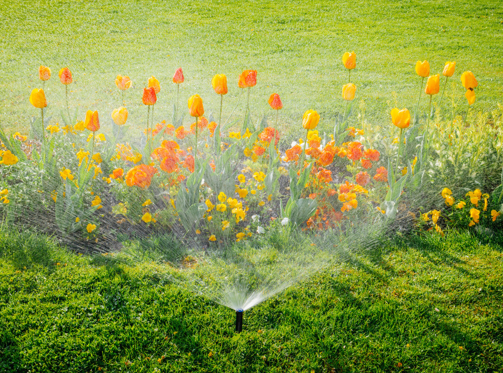 garden with smart activated sprinkler used on flowers