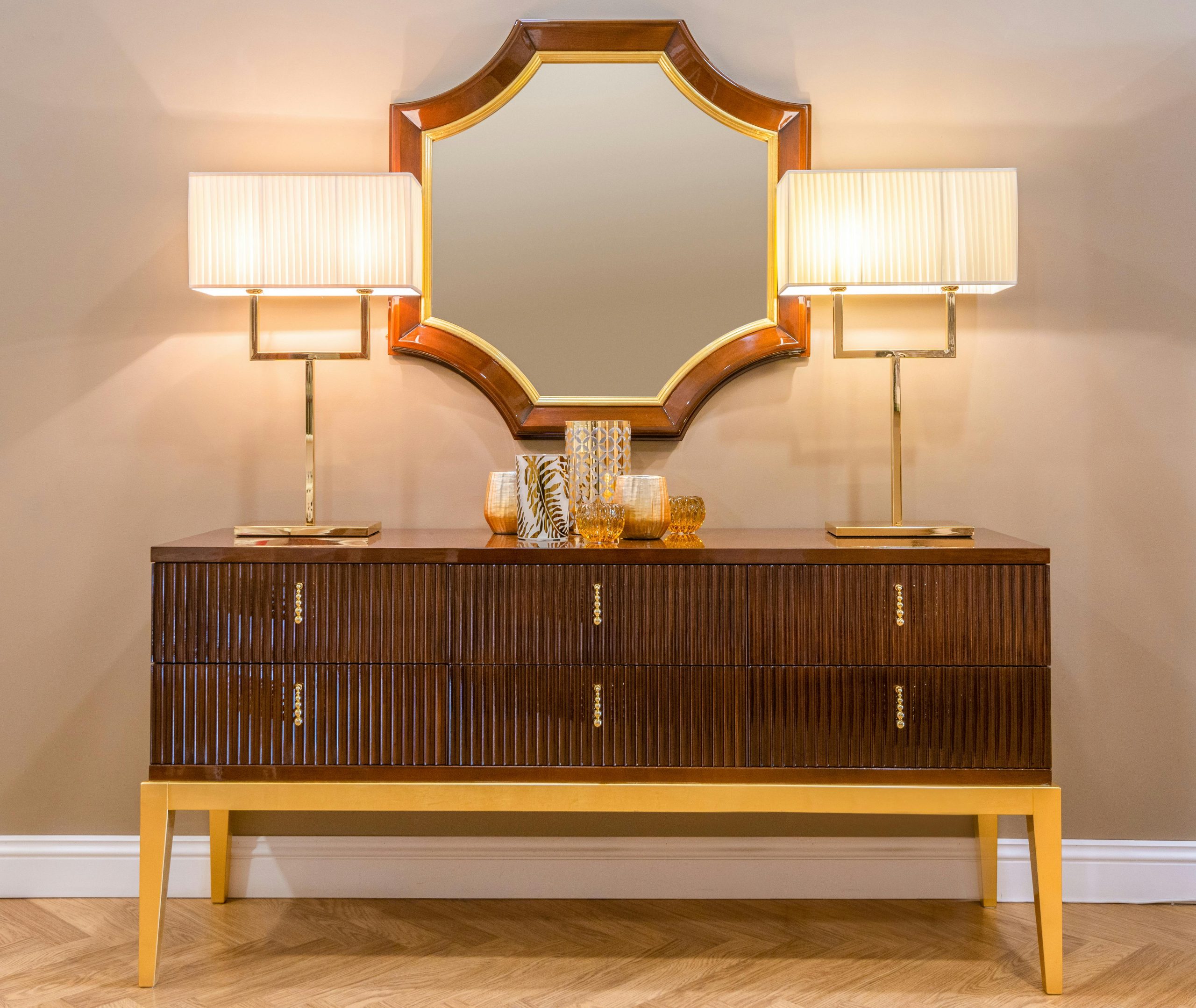 wall-mounted mirror with a wooden frame