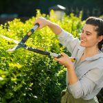 smiling woman trimming bushes in the front yard