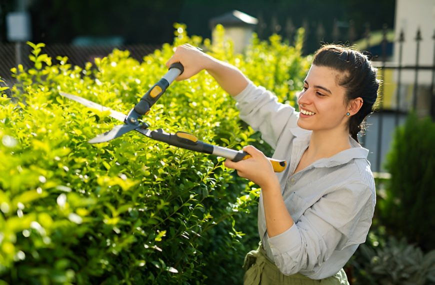 smiling woman trimming bushes in the front yard